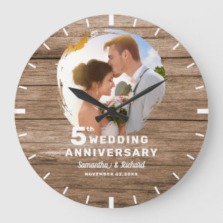 Grande Horloge Ronde Photo de couple pour les 5 ans de mariage en bois 