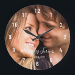 Grande Horloge Ronde Photo de Custom Couple Established Date Large Cloc<br><div class="desc">Create your own romantic anniversary reminder with this beautiful clock. Edit the names and anniversary date with your own details and upload your favorite couple photo. This photo is for démonstration purposes only. Photo de Custom Couple Established Date Large Clock.</div>