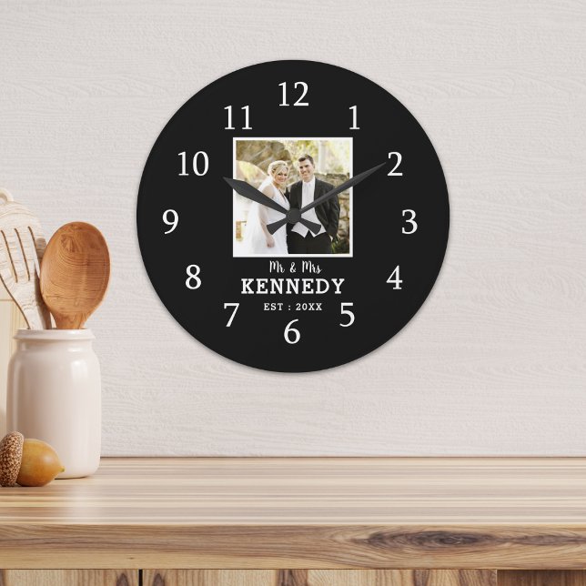 Grande Horloge Ronde Photo de Custom Wedding Anniversary Black And Whit (Custom Photo Wedding Anniversary Black And White Large Clock)