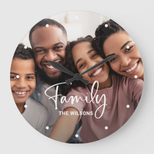 Grande Horloge Ronde Photo de famille avec script moderne