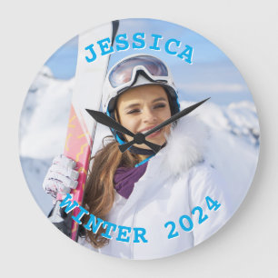 Grande Horloge Ronde Photo de famille Sky Blue Text personnalisée