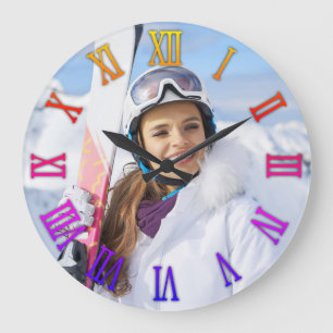 Grande Horloge Ronde Photo de fille avec numéros romains dégradé arc-en