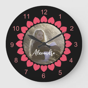 Grande Horloge Ronde Photo de fille personnalisée avec Coeurs Peachy Ce