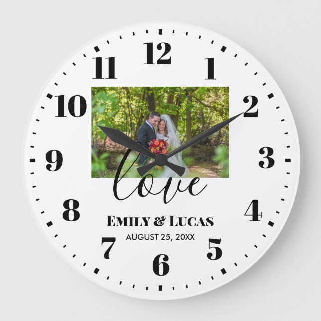 Grande Horloge Ronde Photo de mariage personnalisée Calligraphie simple (Recto)