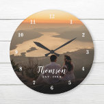 Grande Horloge Ronde Photo de mariage personnalisée Monogrammé<br><div class="desc">Créez une horloge murale ronde ou carré spéciale personnalisée avec votre photo mariage, nom monogramme et date établie. Le design comprend des polices modernes simples superposées sur votre photo de fond plein. Utilisez les outils de conception pour choisir les polices et les couleurs qui correspondent à votre propre style de...</div>