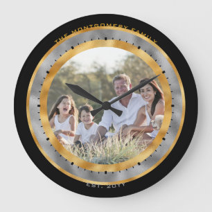 Grande Horloge Ronde Photo de nom personnalisé Elegant Noir Or Argent F