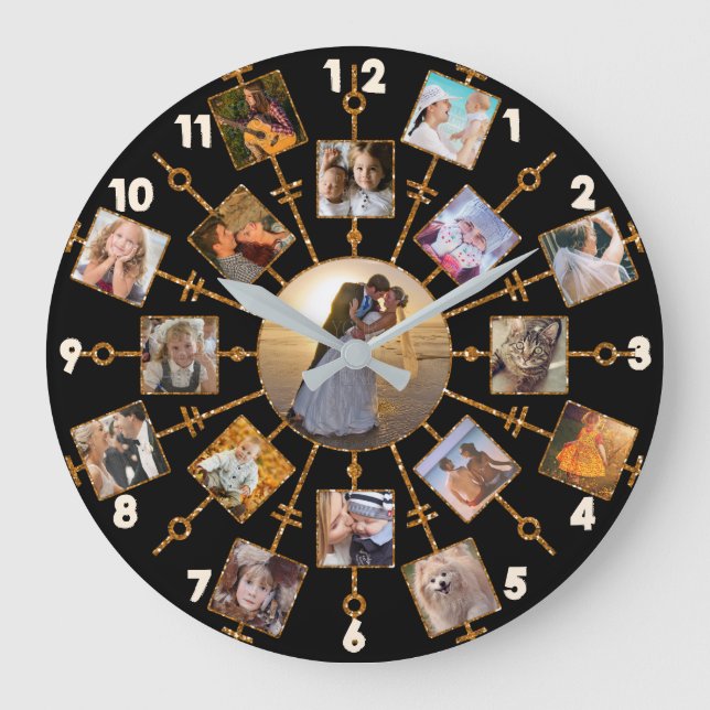 Grande Horloge Ronde Photo Family Collage 17 Pictures Pretty Black Gold (Recto)
