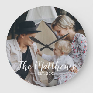 Grande Horloge Ronde Photo personnalisée avec nom de famille et année d