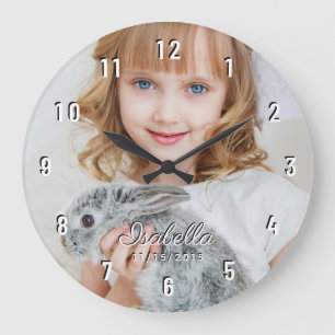 Grande Horloge Ronde Photo personnalisée Birth Date White Numbers