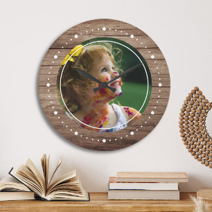 Grande Horloge Ronde Photo personnalisée Bois rustique Maison de ferme
