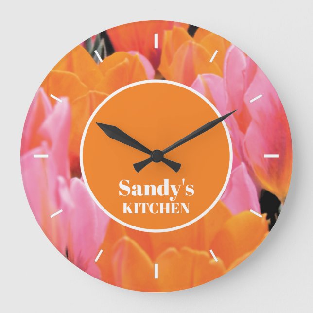 Grande Horloge Ronde Photo personnalisée de la tulipe orange et rose (Recto)