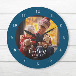 Grande Horloge Ronde Photo personnalisée et nom de famille Personnalisé<br><div class="desc">Créez une horloge murale ronde ou carré spéciale personnalisée avec votre photo et votre monogramme de nom de famille. Le design se compose de couleurs simples bleu marine et blanc moderne, ou d'utiliser les outils de conception pour choisir n'importe quelle police et les couleurs pour correspondre à votre propre style...</div>