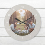 Grande Horloge Ronde Photo personnalisée et nom de famille Personnalisé<br><div class="desc">Créez une horloge murale ronde ou carré spéciale personnalisée avec votre photo et votre monogramme de nom de famille. Le design comprend des polices modernes simples en noir et blanc, ou utilisez les outils de conception pour choisir des polices et des couleurs correspondant à votre propre style de décoration maison....</div>