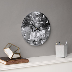 Grande Horloge Ronde Photo personnalisée nom personnalisé noir et blanc