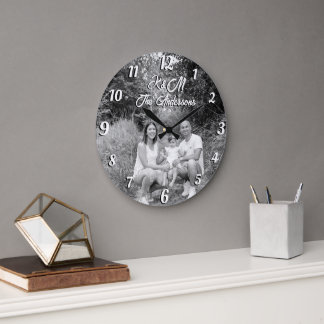 Grande Horloge Ronde Photo personnalisée nom personnalisé noir et blanc