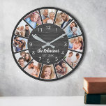 Grande Horloge Ronde Photo personnelle de Collage Black Wood Family<br><div class="desc">Easily create your own personalized black wooden planks elegant style wall clock with your custom,  family name and established year. Pour les meilleurs résultats,  crop the images to square - with the focus point in the center - before uploading.</div>