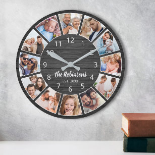 Grande Horloge Ronde Photo personnelle de Collage Black Wood Family