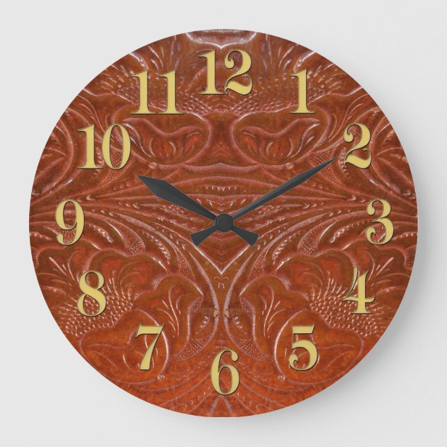 Grande Horloge Ronde Photo Rustic Tooled, Design en cuir (Recto)