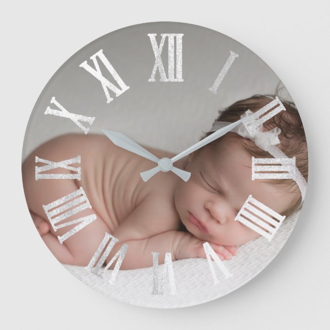 Grande Horloge Ronde Photo Silver Gray Grey Baby Shower Gift Girl Boy (Recto)