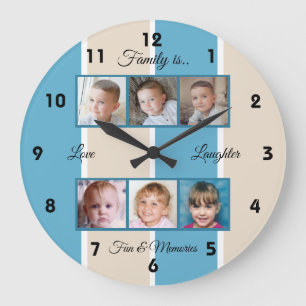 Grande Horloge Ronde Photos de famille bleu et crème