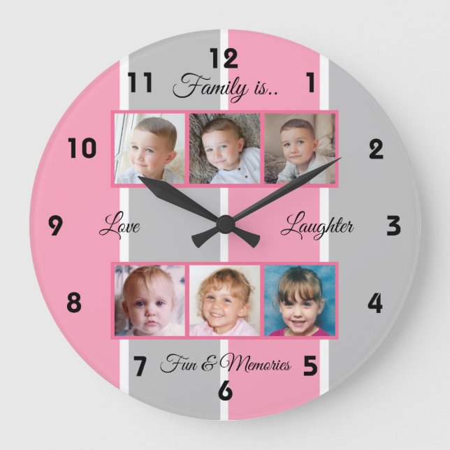 Grande Horloge Ronde Photos de famille rose et gris (Recto)