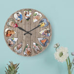 Grande Horloge Ronde Photos en forme de coeur Bois Brown rustique Grand<br><div class="desc">Créez votre propre horloge multiphoto. Le modèle photo est configuré pour ajouter 12 photos qui sont affichées dans un cadre en forme de coeur. La conception utilise des photos verticales de portrait pour tous les numéros sauf 3 et 9 qui sont en format horizontal paysage. La face de l'horloge a...</div>