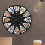 Grande Horloge Ronde Photos en forme de coeur Noir et blanc rond<br><div class="desc">Créez votre propre horloge multiphoto. Le modèle photo est configuré pour ajouter 12 photos qui sont affichées dans un cadre en forme de coeur. La conception utilise des photos verticales de portrait pour tous les numéros sauf 3 et 9 qui sont en format horizontal paysage. La palette de couleurs est...</div>