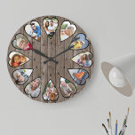 Grande Horloge Ronde Photos en forme de coeur Rustique Bois foncé Grand<br><div class="desc">Créez votre propre horloge multiphoto. Le modèle photo est configuré pour ajouter 12 photos qui sont affichées dans un cadre en forme de coeur. La conception utilise des photos verticales de portrait pour tous les numéros sauf 3 et 9 qui sont en format horizontal paysage. La face de l'horloge a...</div>