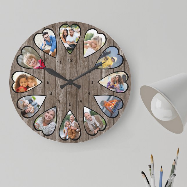 Grande Horloge Ronde Photos en forme de coeur Rustique Bois foncé Grand (Photo clock with 12 heart shaped photos. Unusual design for your home and a thoughtful photo gift.)