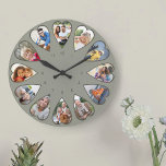 Grande Horloge Ronde Photos en forme de coeur Vert rond<br><div class="desc">Créez votre propre horloge multiphoto. Le modèle photo est configuré pour ajouter 12 photos qui sont affichées dans un cadre en forme de coeur. La conception utilise des photos verticales de portrait pour tous les numéros sauf 3 et 9 qui sont en format horizontal paysage. La palette de couleurs est...</div>