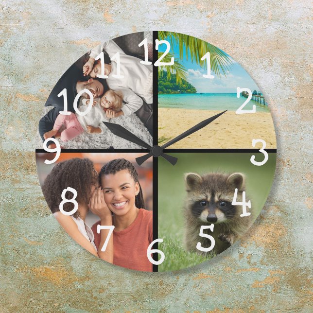 Grande Horloge Ronde Photos préférées (Modern Stylish Favorite 4 Photos Large Clock)