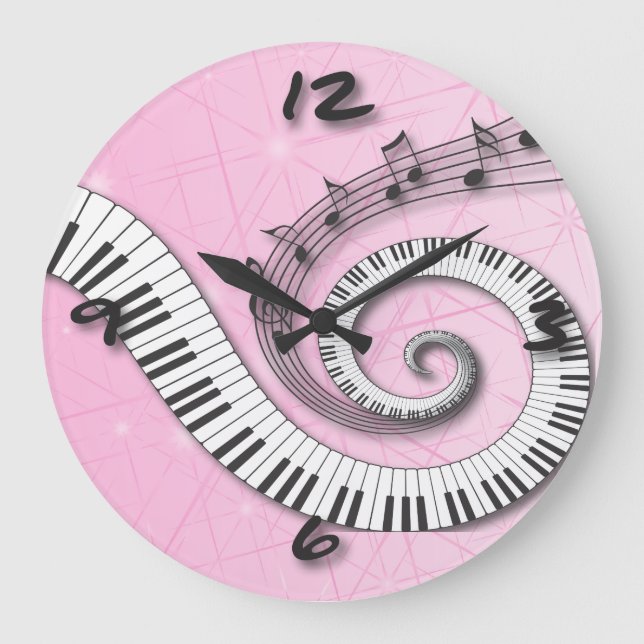 Grande Horloge Ronde Piano Keys Music Notes sur l'horloge murale rose (Recto)