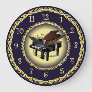 Grande Horloge Ronde Piano ~ Parchemin Musical ~ Or/Bleu Marine ~  ~  