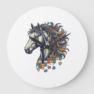 Grande Horloge Ronde Pièce de puzzle de cheval coloré T-Shirt gravure v
