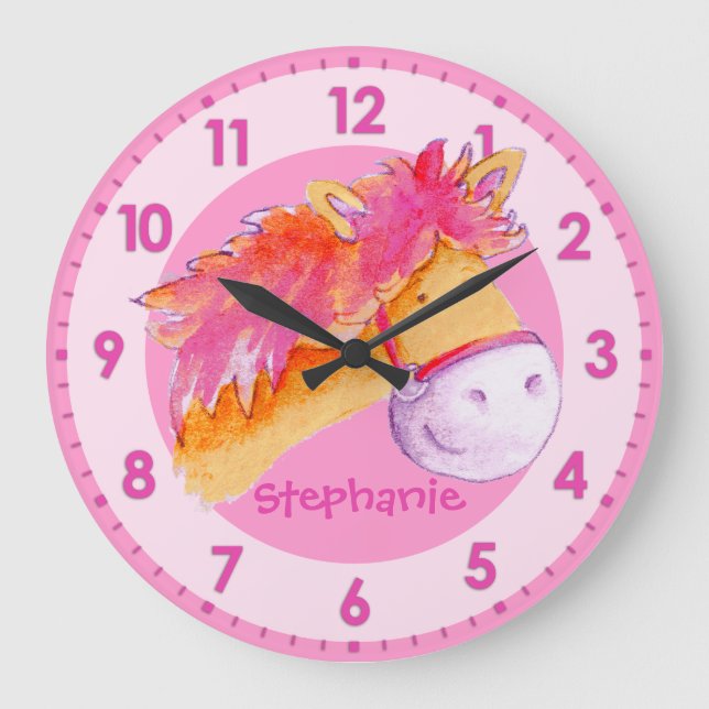 Grande Horloge Ronde Pièce orange rose de filles de poney appelée (Recto)