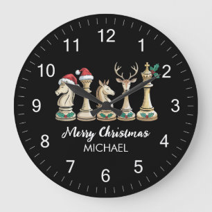 Grande Horloge Ronde Pièces d'échecs personnalisées Noël Moderne Tendan