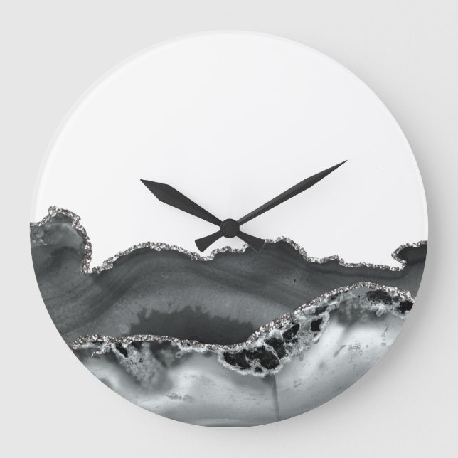 Grande Horloge Ronde Pierre d'Agate métallique gris noir (Recto)