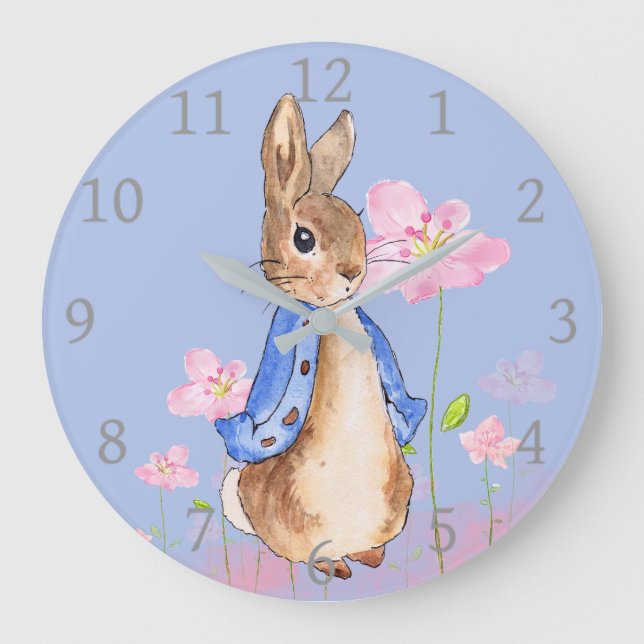 Grande Horloge Ronde Pierre le lapin aux fleurs roses (Recto)