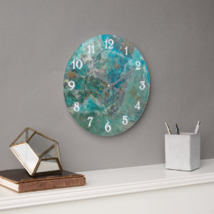 Grande Horloge Ronde Pierre minérale Chrysocolla bleue avec chiffres bl