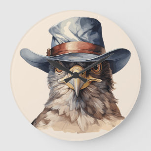 Grande Horloge Ronde pigeon drôle portant un casquette cowboy, aquarell