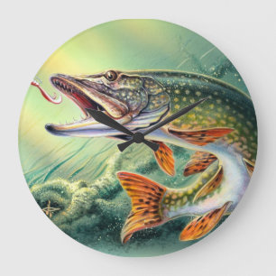 GRANDE HORLOGE RONDE PIKE FISHING WALL CLOCK