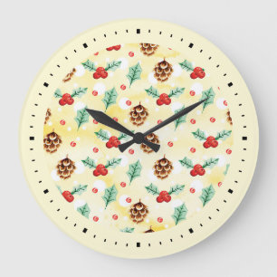 Grande Horloge Ronde Pine Cones et Motif de Noël Holly