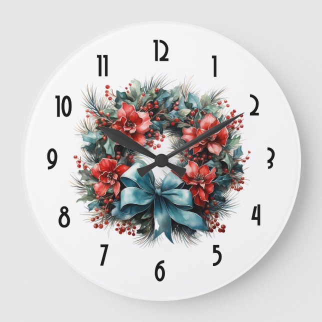 Grande Horloge Ronde Pine Wreath avec Holly Christmas (Recto)