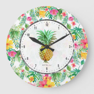 Grande Horloge Ronde PineApple & Colorful Tropical Flowers