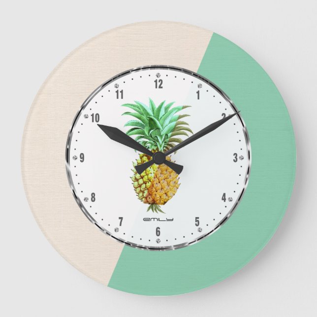 Grande Horloge Ronde PineApple & Géométrique Beige & Linge Vert (Recto)