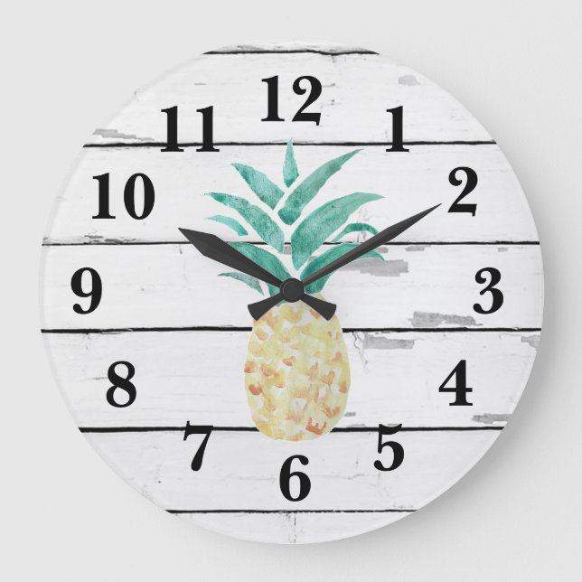 Grande Horloge Ronde Pineapple Illustration Decor Rustic Shiplap (Recto)
