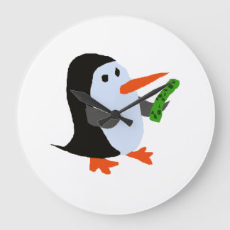 Grande Horloge Ronde Pingouin amusant avec une chemise à sabot