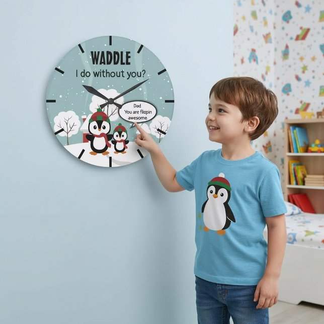Grande Horloge Ronde Pingouin Bébé Gris Mignonne En Neige D'Hiver (Créateur téléchargé)