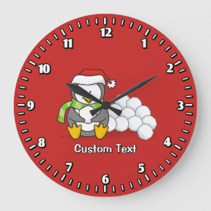 Grande Horloge Ronde Pingouin de Noël assis avec des boules de neige