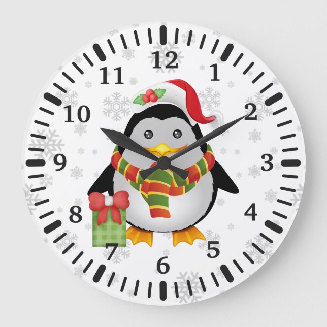 Grande Horloge Ronde Pingouin de Noël mignon avec présent (Recto)